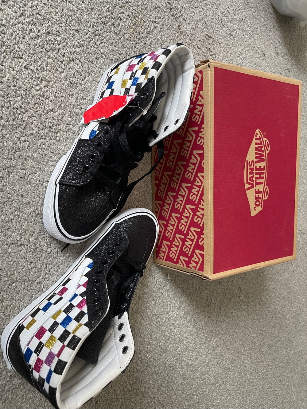 Vans Black and White High-Top Checkerboard Sneakers with Colorful Accents